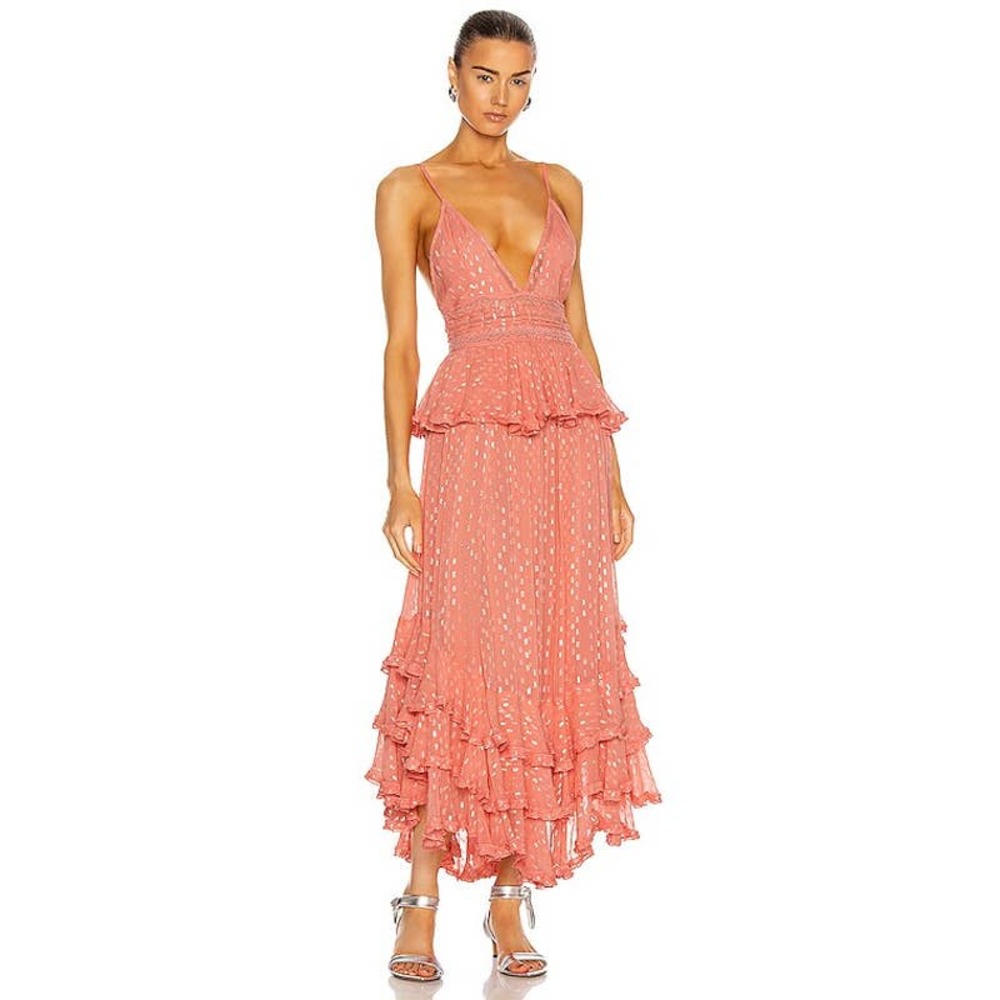Rococo Sand Peach Ruffled Maxi Dress, S